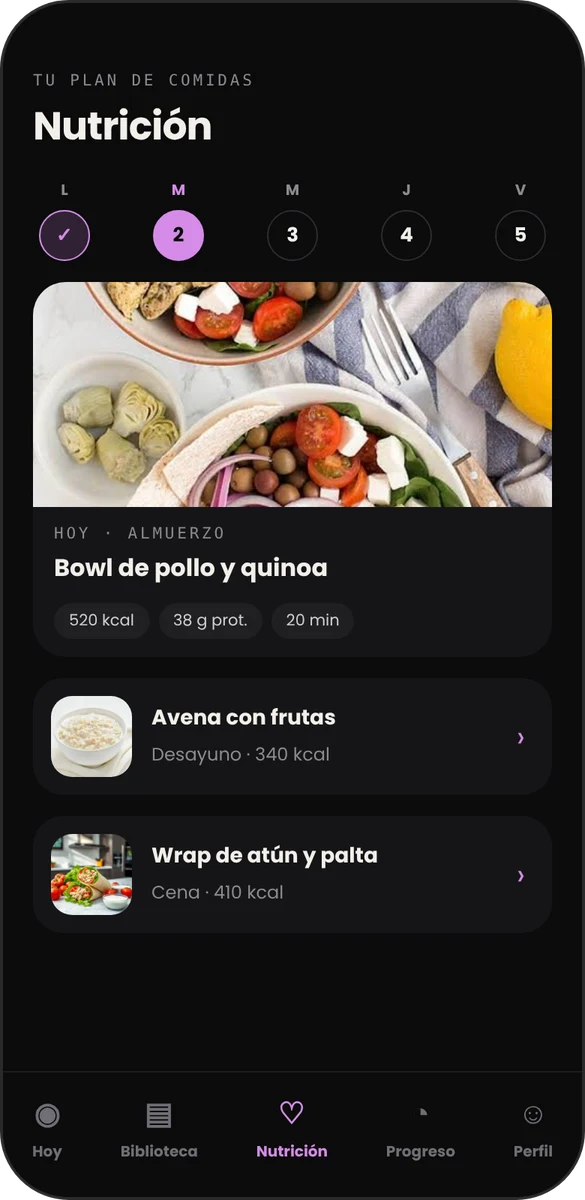Pantalla Nutrición de la app Guada Fit