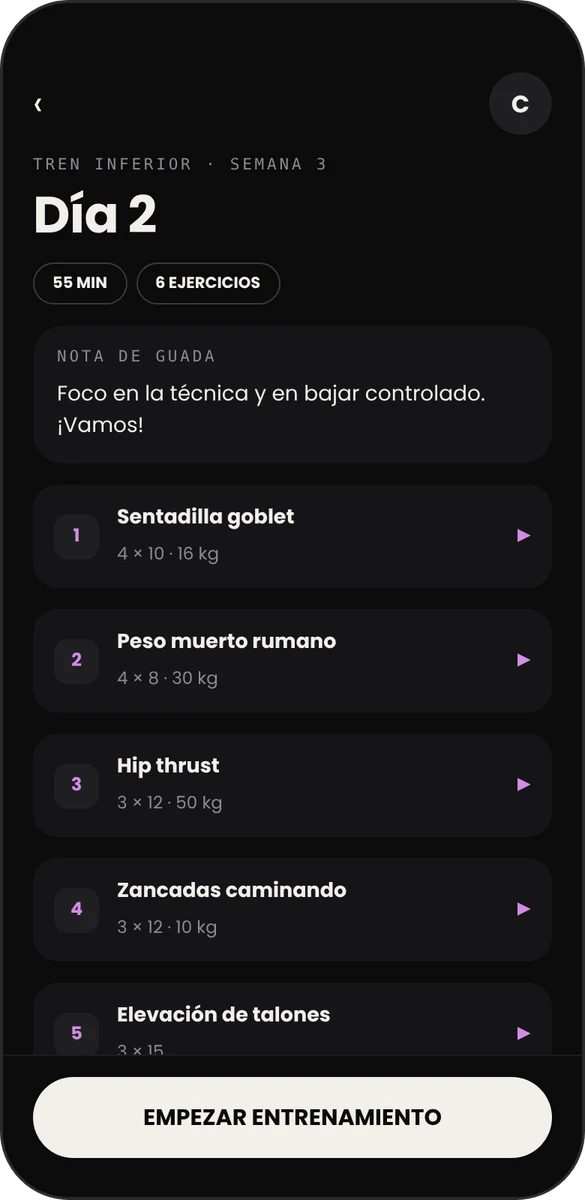 Pantalla Tu rutina de la app Guada Fit